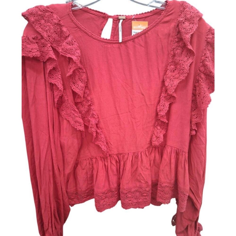 Free People Ruffle Cropped Long Sleeve Lace Top Blouse Large